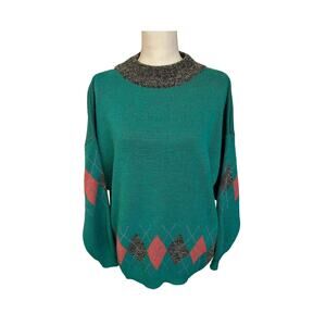 Vintage Teal Pink Argyle Sweater Boundary Waters Size M Made in Italy